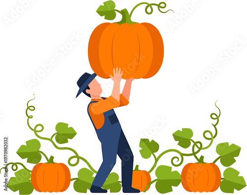 Dedicated farmer proudly lifts a colossal orange pumpkin, symbolizing a bountiful autumn harvest and agricultural success. Vibrant illustration of seasonal produce