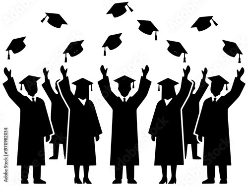 Graduates celebrating with tossed mortarboards in joyful success