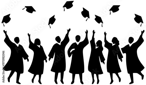 Graduates celebrating with tossed mortarboards in joyful jubilation