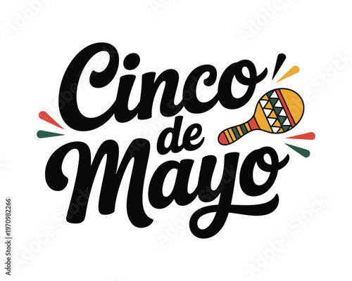 A colorful Cinco de Mayo logo with a maraca on white
