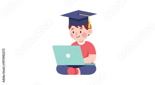 An adorable young boy wearing a blue graduation cap sits cross-legged while using a laptop, illustrating remote learning and early education.