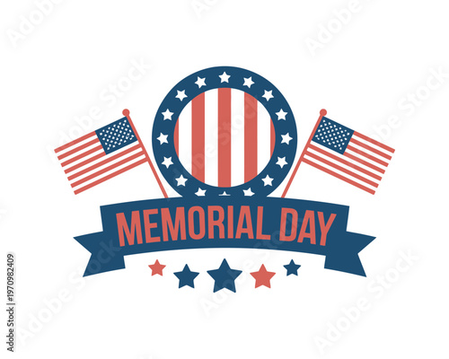 A patriotic Memorial Day graphic with American flags and stars