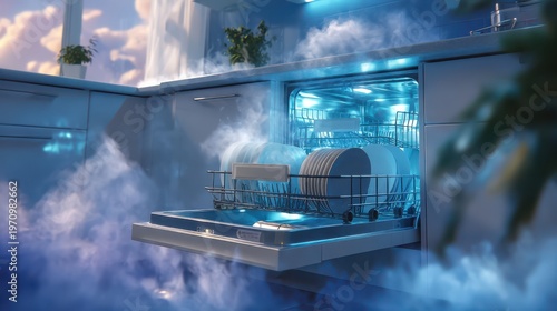 A modern kitchen dishwasher emits steam as it washes clean dishes, highlighting a sleek, efficient home appliance in a contemporary setting.