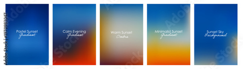 Soft gradient background set with sunset colors blending blue, violet, yellow and orange hues for spring and summer poster designs with warm light transitions.