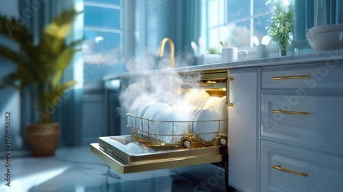 Steaming clean dishes inside an open dishwasher in a bright, modern kitchen with blue cabinetry and gold handles.