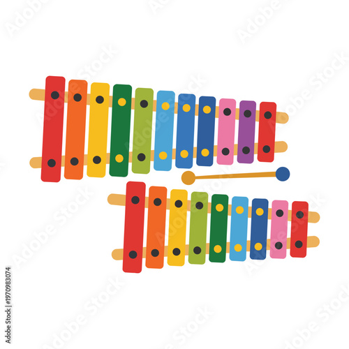 A colorful xylophone with a mallet on a white background