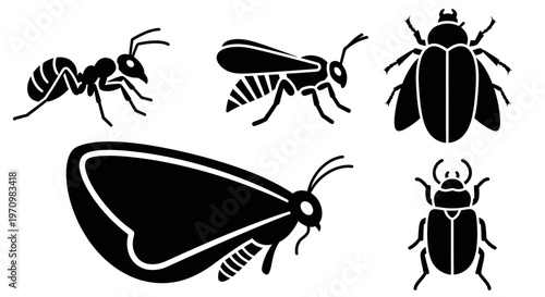 Insect Silhouettes Set: Ant, Wasp, Beetle, and Moth Icons