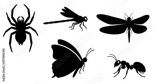 Insect Silhouettes Collection: Spider, Dragonfly, Butterfly, and Ant Vector Icons