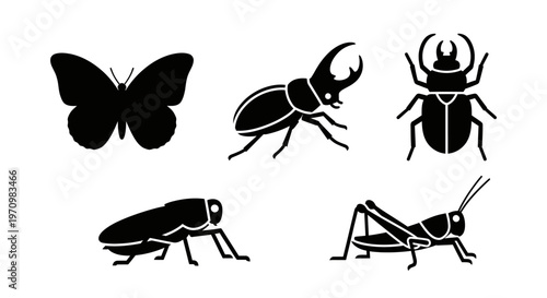 Insect silhouettes set: butterfly, beetles, and grasshopper icons