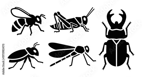 Insect Silhouettes Set: Bee, Grasshopper, Beetle, Dragonfly Icons Collection