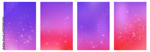 Abstract gradient backgrounds with stars and sparkles. Pastel pink and purple sky textures. Soft watercolor sunset backdrop set with glitter light effects.