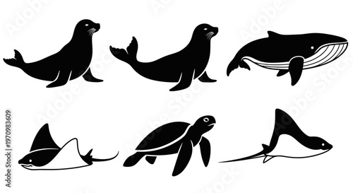 Marine Animals Silhouettes Collection: Whale, Seal, Turtle, and Stingray Icons