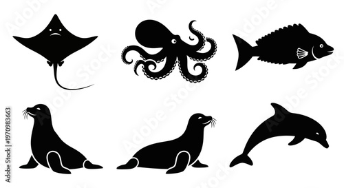Marine Animals Silhouettes Set: Octopus, Dolphin, Seal, Fish, and Stingray Icons