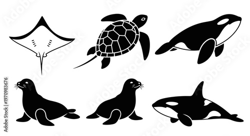 Marine Animals Silhouettes Set: Ocean Wildlife Icons Collection