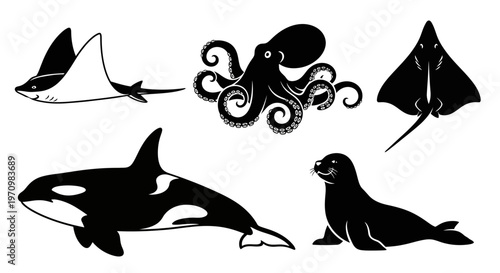 Marine Animals Silhouettes Set: Orca, Octopus, Manta Ray, Stingray, and Seal