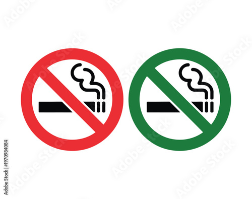 Two no smoking signs with red and green circles are shown
