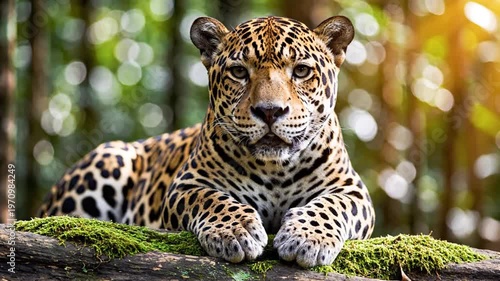 A majestic jaguar with distinctive spotted fur rests serenely on a moss-covered log in its natural habitat, displaying its powerful presence and captivating beauty in the wild.