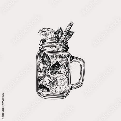 Hand drawn mojito or lemonade in a mason jar sketch