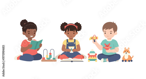 Three diverse children sit on the floor, happily reading books and playing with colorful educational toys in a clean flat vector illustration.