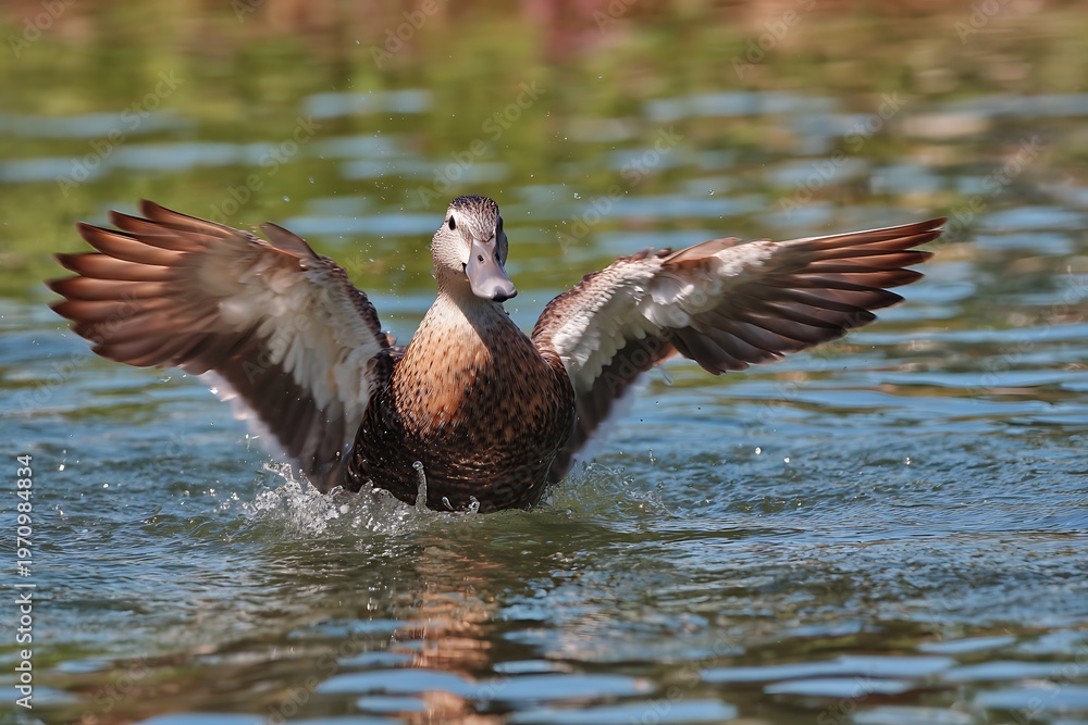 Fototapeta premium duck sparkling its wings in water