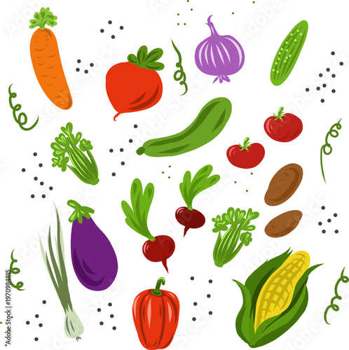 Set of organic farm vegetables icons in hand drawn style, fresh garden veggies collection, vector illustration