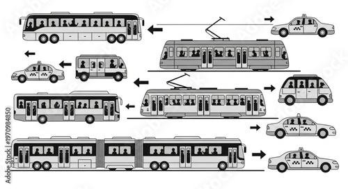 Collection of Public Transportation Vehicles and Taxis.