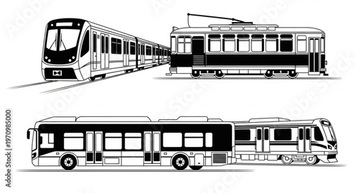 Collection of Public Transportation Vehicles Including Train and Bus.