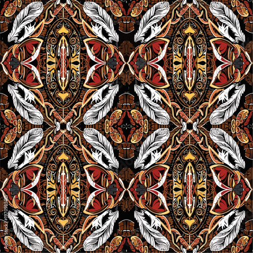 Intricate symmetrical pattern with feathers and ornate elements in warm earthy tones against black