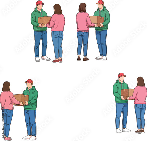 Delivery man giving cardboard parcel box to female customer for courier shipping service and online shopping order concept vector illustration