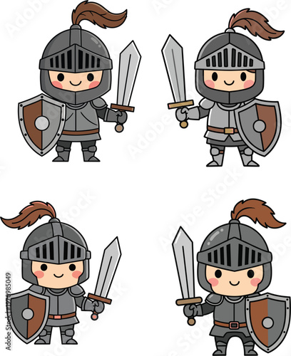 Cute chibi knight character set wearing silver armor holding sword and shield for medieval fantasy game