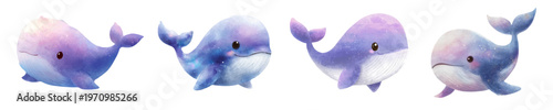 Cute galaxy whales floating gracefully, depicting a serene underwater fantasy world with watercolor textures and sparkling cosmic details, perfect for childrens books and magical themes