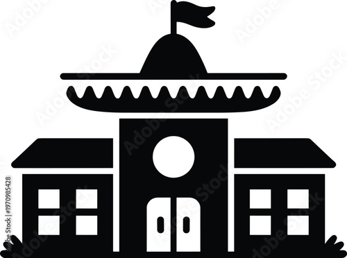 Building with sombrero and flag silhouette