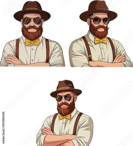 Stylish bearded man with hat and sunglasses wearing suspenders and bow tie for vintage hipster lifestyle and fashion concept vector
