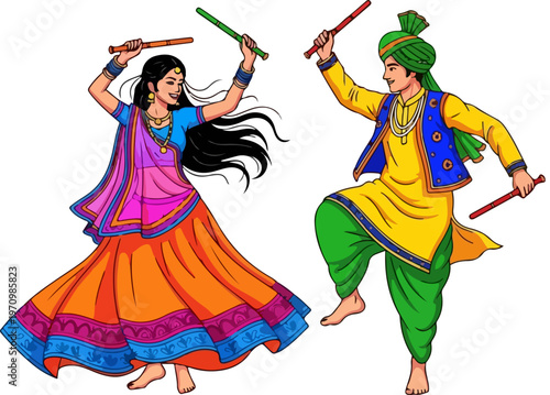 Traditional Dandiya Raas dancers in colorful ethnic attire, Indian couple performing Garba folk dance with sticks, Navratri festival celebration vector