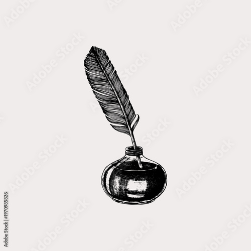 Vintage quill pen and inkwell sketch