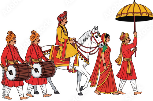 Traditional Indian wedding mandap vector, ornate golden marriage altar with red curtains and floral decor, Hindu ceremony stage illustration