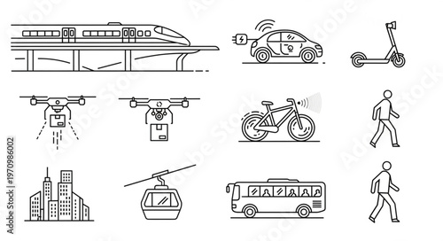 Collection of modern transportation and urban mobility icons.
