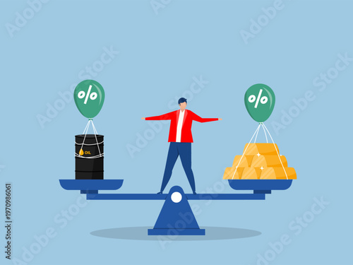 Businessman balancing scales with gold and oil barrel  investments, a financial strategy for future assets vector
