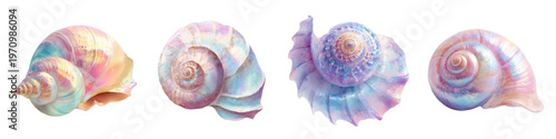 Iridescent spiral seashells collection with mother of pearl texture, showing soft pastel colors, holographic glow, and opalescent shimmering on a clean background