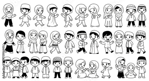 Collection of Muslim children in various poses and outfits, black and white.