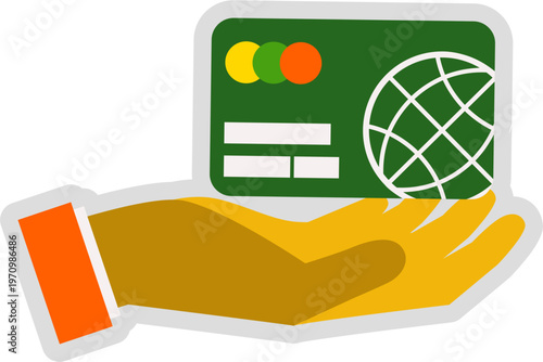 Hand presenting a green payment card with a globe icon, representing international banking, secure online shopping, and modern financial solutions