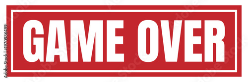 Game over red rubber stamp icon. Rectangular sign for gaming failure, end of match, competition finish, arcade banner.