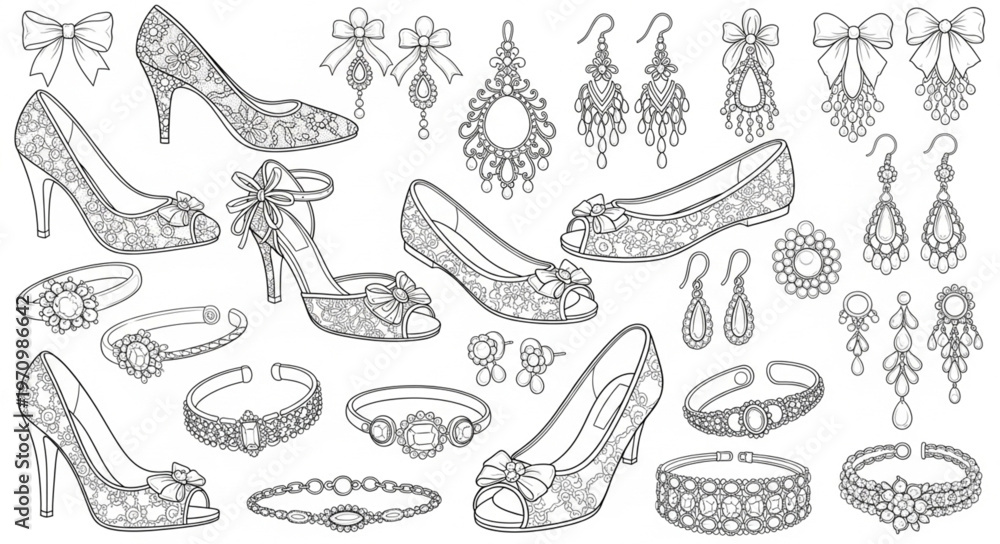 Fototapeta premium Collection of Ornate and Jeweled Footwear and Accessories.