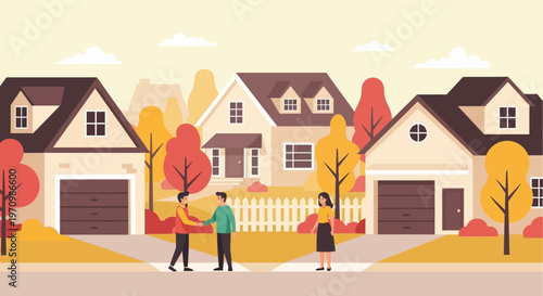 Autumn Suburban Neighborhood Scene with People Walking and Colorful Homes for a Cozy Community Lifestyle.