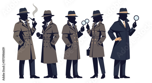 Group of five trenchcoat detectives examining clues with magnifying glass illustration.