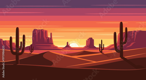 Desert Sunset Scene with Silhouetted Cacti and Distant Mesas at Warm Evening Horizon.