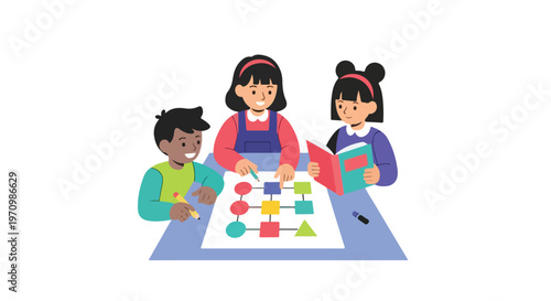 Three diverse children are sitting at a table together, happily collaborating on a learning activity with colorful geometric shapes and a book.