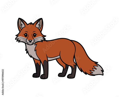 A cartoon fox with orange fur and white markings stands alone