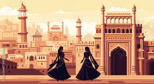 Silhouetted travelers overlook a grand Indian gateway as a sunset cityscape unfolds with arches, minarets, and domes.