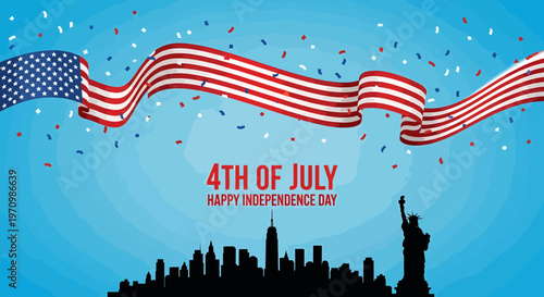 Waving American Flag Ribbon with Confetti Falling Over City Skyline and Statue of Liberty Celebrating 4th of July